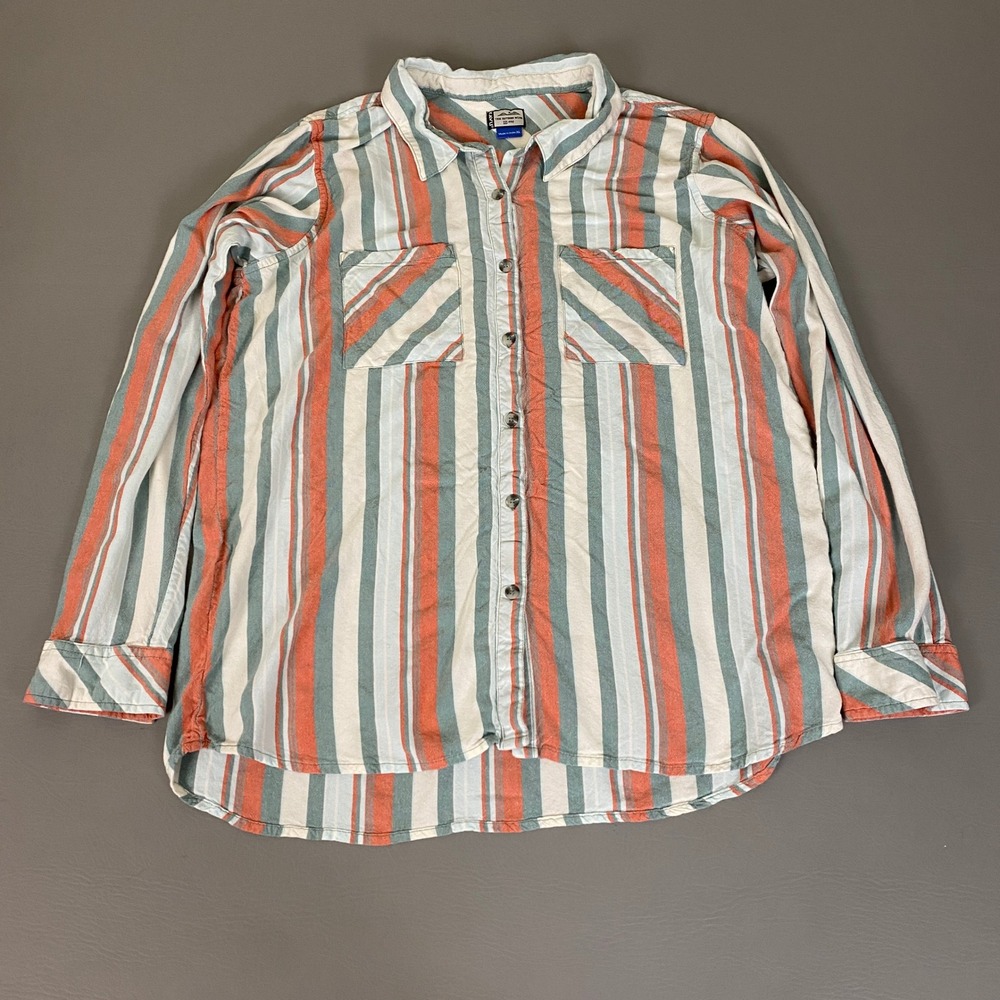 KAVU Button Up Shirt Womens Size XL Orange Teal Striped Long Sleeve Outdoor Top